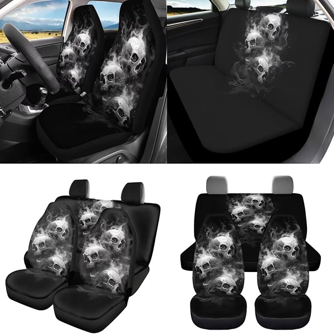 Goth Skull Car Seat Covers Full Set 8 Pcs Car Accessories for Women Front Seat Cover Steering Wheel Armrest Cover Seat Belt Cover for Auto SUV Interior Decoration