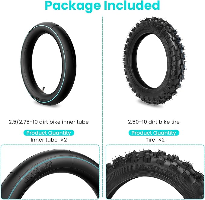 2.5-10" Off-Road Tire and Inner Tube Set, Dirt Bike Tire with 10-Inch Rim and 2.5/2.75-10 Dirt Bike Inner Tube Heavy Duty Compatiblewith Honda CRF50/XR50, Suzuki DRZ70/JR50, PW50(2 Set) ﻿