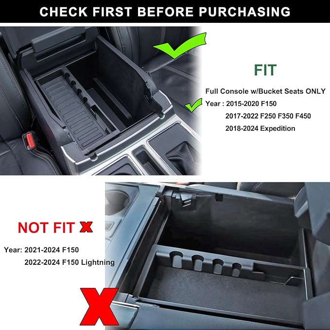 PIMCAR Compatible with Ford 2015-2020 F150, 2017-2022 F250 F350 F450, 2018-2024 Expedition Center Console Organizer & Armrest PU Leather Cover-Bucket Seat Only