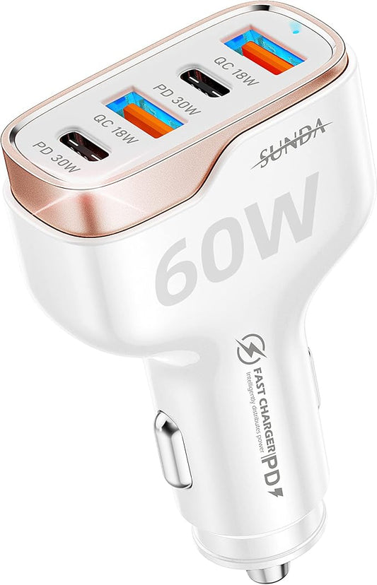 SUNDA 60W USB C Fast Car Charger, 4-Ports Car Charger Adapter, Dual Type C PD30W/PPS30W Compatible with iPhone17/16/15 Pro/Max/iPhone14/iPad Pro/Galaxy/SamsungS25, Dual USB-A 18W QC3.0 for Android