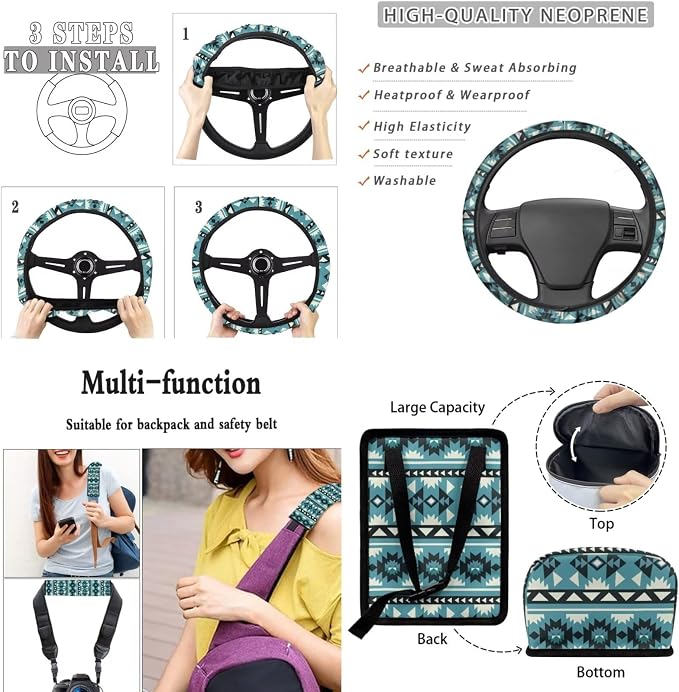 XYZCANDO Tribal Style Automobile Seat Cover Sets 15 PCS Car Seat Cover Set Steering Wheel Cover Seat Belt Pads Cover Garbage Bag Storage Box Rear View Mirror Cover Coasters Keychain Fit Most Cars