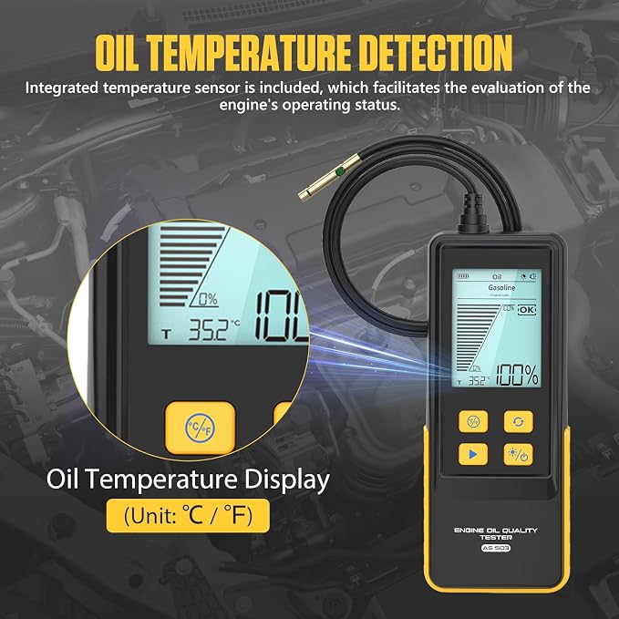 PLAYOCCAR Engine Oil Tester Gasoline & Diesel AS503 Motorcycle Engine Oil Quality Tester Kit Transmittance & Temperature Analysis Detector with 800MM High Precision Probes,2.8'' Backlit Display