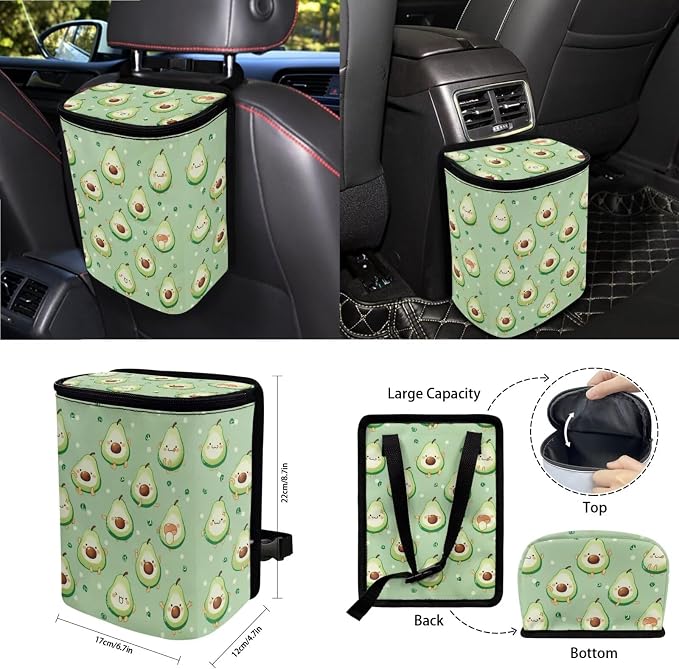 Avocado Print 15Pcs Car Interior Cover Set Includes Car Seat Covers Front and Back Full Set Steering Wheel Cover Safety Belt Pads Rear View Mirror Protector Cup Mats, Green