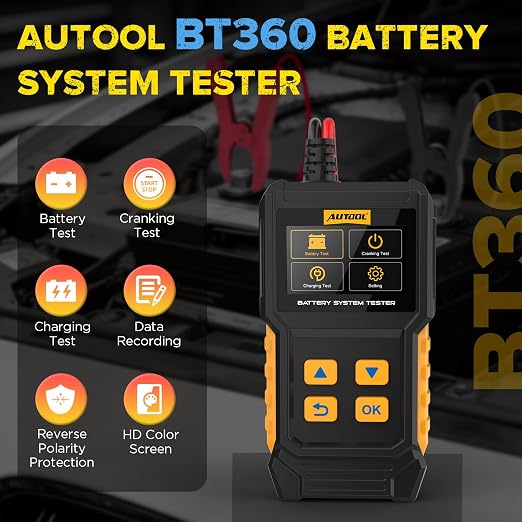 AUTOOL BT360 Battery System Tester, Car Battery Tester DC Charging Cranking Test 100-2000 CCA, 2.4" Color LCD Battery Monitor, Digital Auto Analyzer for Vehicle Truck Motorcycle