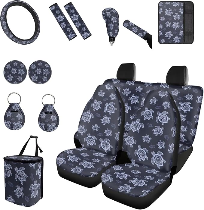 Forchrinse Sea Turtles 15Pcs Car Seat Cover Front Back Seat Protector with Steering Wheel Cover+Seatbelt Pads+Coaster+Handbrake Gearshift Cover+Auto Trash Can for Most Vehicles