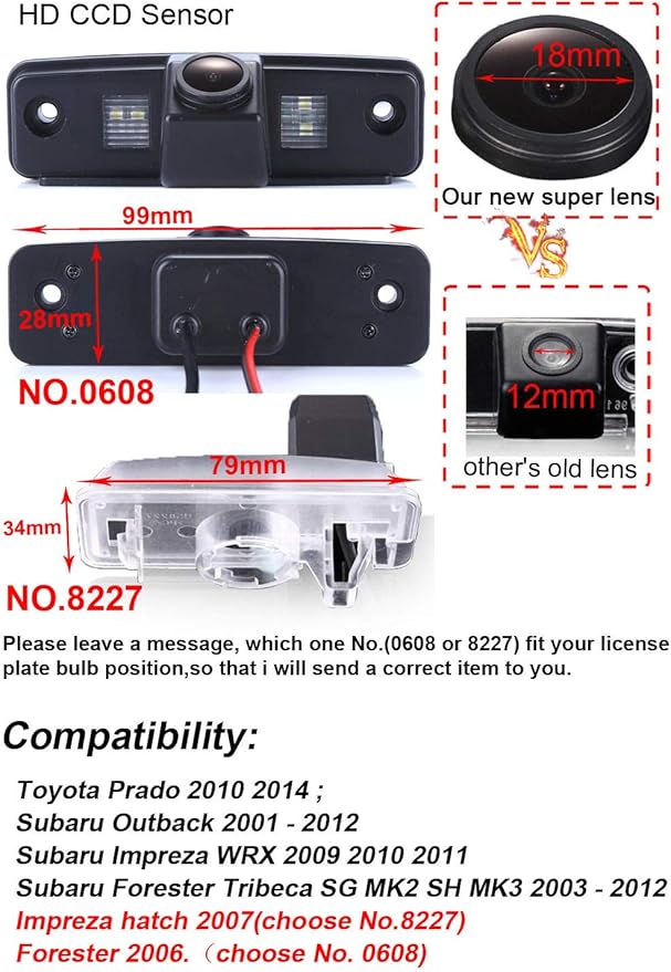 170° Wide View Angel Night Visions Backup Reversing Parking Cameras Replacement for Toyota Prado 2010 2014/Forester 2006/Subaru Outback Wagon 2001-2012/Subaru WRX 2011 Sedan