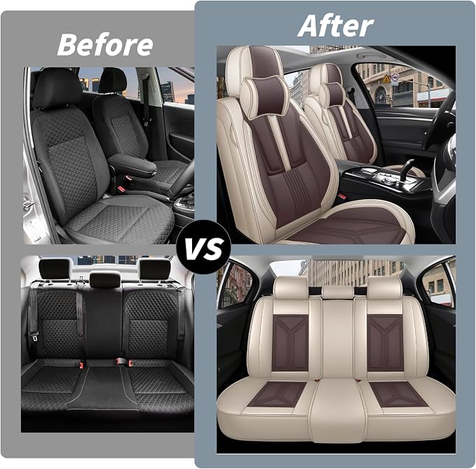 Arazi Fit for 98% of Mazda Seat Covers, 360° Full Wrap Original Seat Cover, Waterproof Nappa Leather Seat Covers with Big Space Storage Pocket Seat Protector（5 Seats Luxury, Beige&Brown）