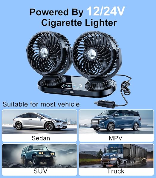 Dual Head Auto Oscillating Car Cooling Fan for Dashboard, DC 12V / 24V Cigarette Lighter Plug Car Fans that Blow Cold Air Cooler for Vehicles Sedan SUV Rv Van Truck Utv Tractor Cab Without AC