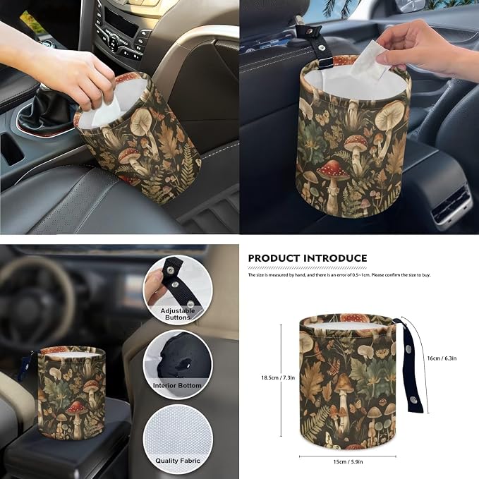 Mushroom Car Seat Covers Full Set for Women Universal Car Accessories - Steering Wheel Cover Seatbelt Covers Car Coasters Trash Bag Rearview Mirror Cover Keychain
