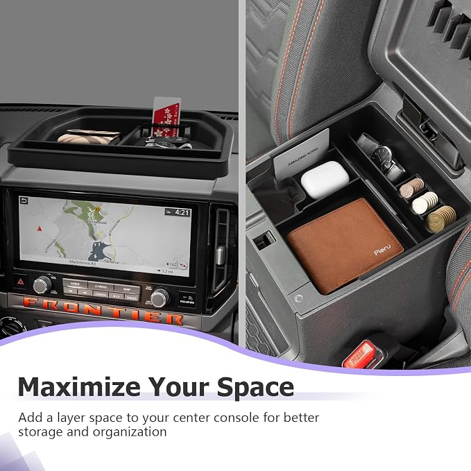 LUWU 2026 Frontier Accessories for 2025 2026 Frontier S/SV/Pro-X/Pro-4X/SL Accessories Dashboard Storage Tray, Center Console Organizer Armrest Storage Box Black 2-Pack (ONLY for 12.3-INCH Screen)