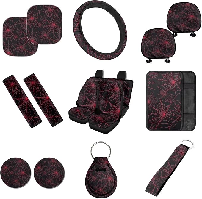 Red Spider Web Car Seat Covers with Steering Wheel Cover,Car Sun Shade,Center Cushion,Seat Belt Covers Cup Holder with Keychain,Automotive Set Unverisal Fit Most Cars SUV Turcks,16 Pack
