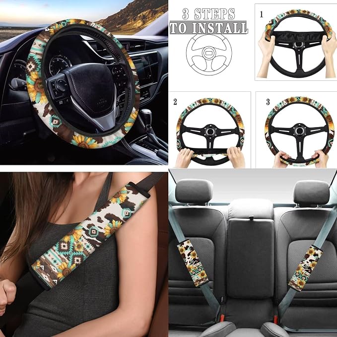 Tupalatus Aztec Auto Accessories Decor Set of 9 Car Seat Covers Hand Brake Cover,Gear Shift Knob Cover,Seat Belt Pads,Coaster,Steering Wheel Cover Universal Fit for Car Truck SUV