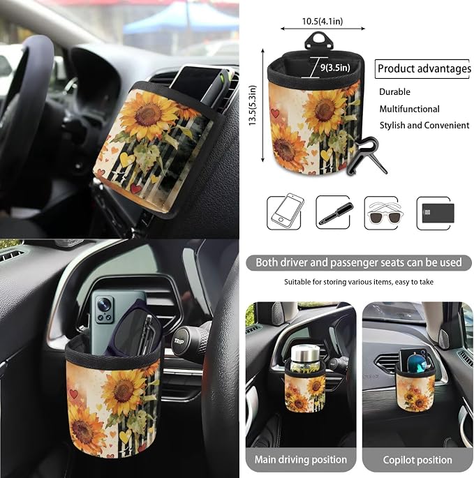 Sunflower Print Car Interior Covers Full Set of 15 Decorative Car Front Rear Seat Covers Steering Wheel Cover Safety Belt Pads Rearview Mirror Cover Garbage Bag Keychain