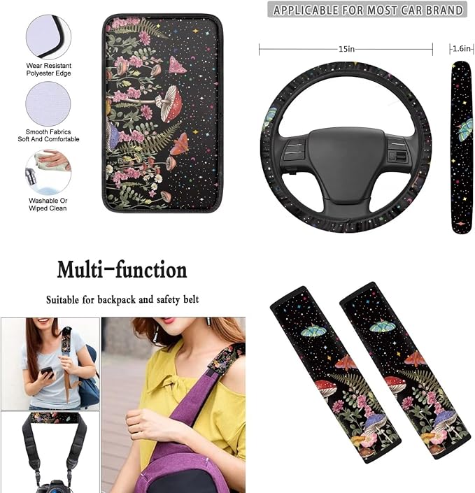 Mumeson Mushrooms Car Front Seat and Rear Bench Covers Car Seat Covers Set with 15 Inches Steering Wheel Cover Shoulder Cushion 15 Inches Steering Wheel Covers Armrest Cushion Pad