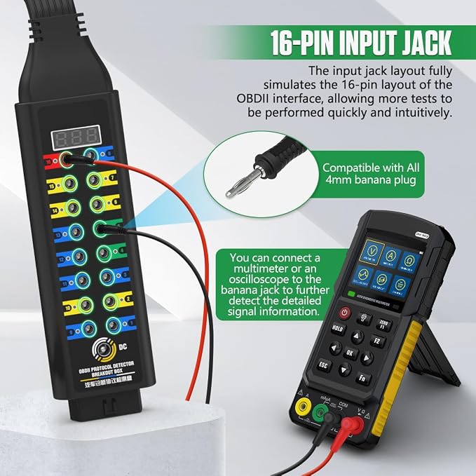 OBD2 Breakout Box Automotive Advanced OBDII Protocol Detector with LCD Display & LED Indicator, 16-Pin CAN Breakout Box Diagnostic Tool for Power Car E.CU, Use with Scanner/Multimeter/Oscilloscope