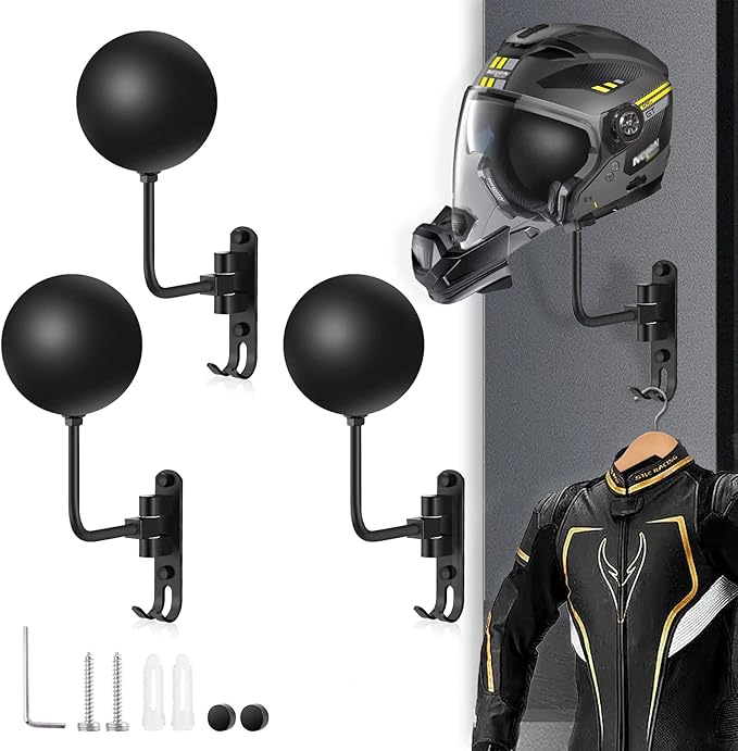 Kikerike Motorcycle Helmet Rack Wall Mount 180 Degree Rotation Metal Bike Helmet Holder Mount Bicycle Helmet Display Hanger Stand with 2 Hooks for Motorcycle Bike Baseball Rugby Helmet - Black, 3 Pcs