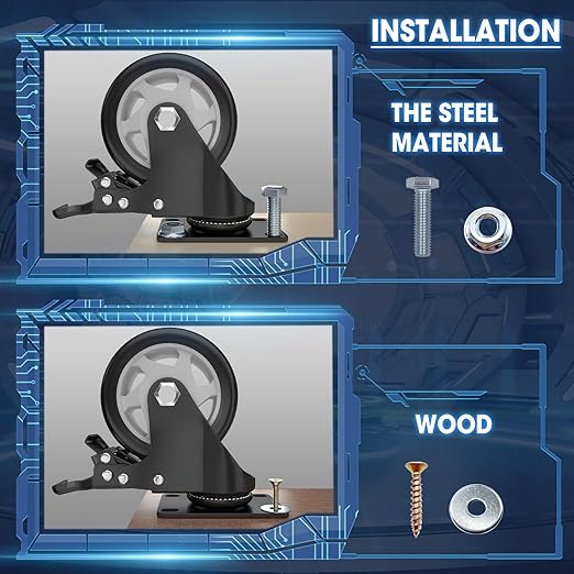 4" Heavy Duty Plate Casters, 1200 Lbs Dual Brake - Set of 4 | Black 360° Swivel Casters. Dual-Pedal Easy Lock/Unlock. Soft PU Wheels Won't Mark Floors. For Workbench, Furniture, Cart.