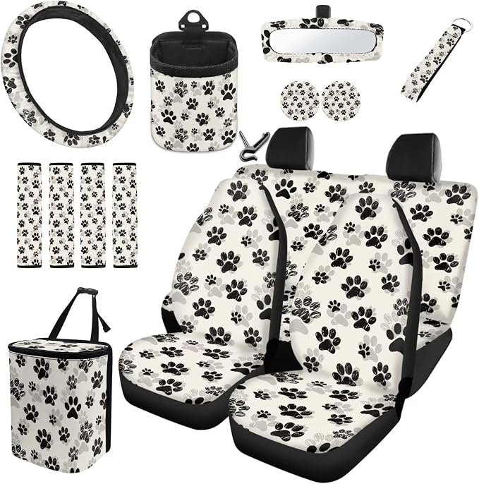 Dreaweet Dog Paw Car Seat Covers Full Set for Women Dog Lover Cute Car Accessories Seat Covers Front and Back Steering Wheel Cover Seat Belt Pads Coasters Trash Bag Vent Storage Pouch Keychain,15 Pcs