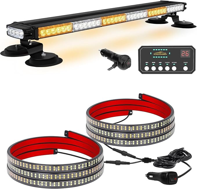 XRIDONSEN 2PCS 60 inch Running Board Emergency Strobe Lights Strip & Amber White 28.4" 80 LED Roof Top Strobe Light Bar for Construction Vehicles Plow/Tow Trucks Pickup