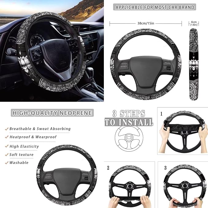 POLERO Boho Car Accessories Car Seat Covers Full Set Womens Aesthetic Mandala Floral Steering Wheel Cover Seat Belt Cover Pad Cup Holder Coasters Keychain Sets 11pcs
