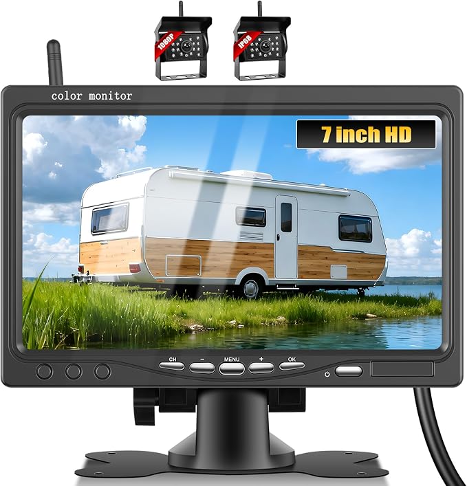 7 Inch Wireless Backup Camera System, Dual Channel 1080P HD Digital Signal, IP68 Waterproof Rear View Camera with BSD, Plug and Play, 12-36V Wide Voltage for Truck SUV RV Trailer Pickup Bus