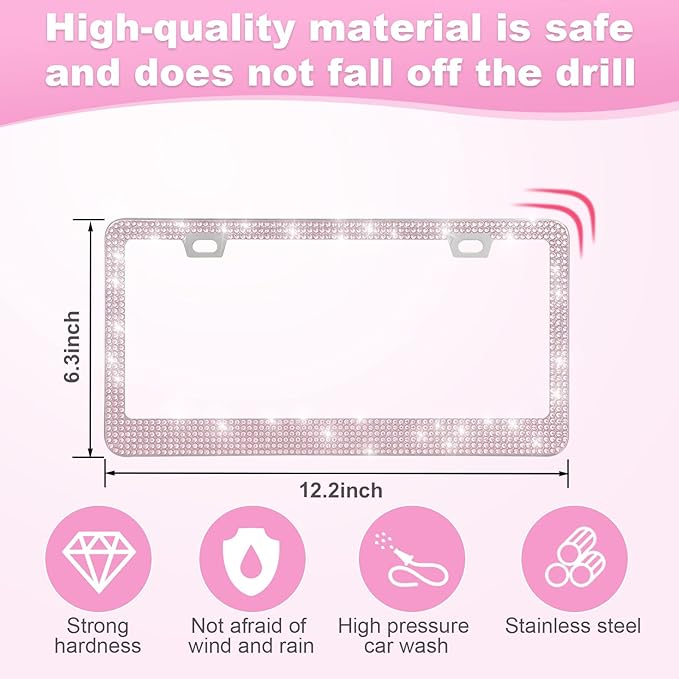 QUANQIUFEI 2 Pack Bling License Plate Frames for Women, Sparkly Rhinestone Diamond Car Accessories with Glitter Crystal Caps (Pink)
