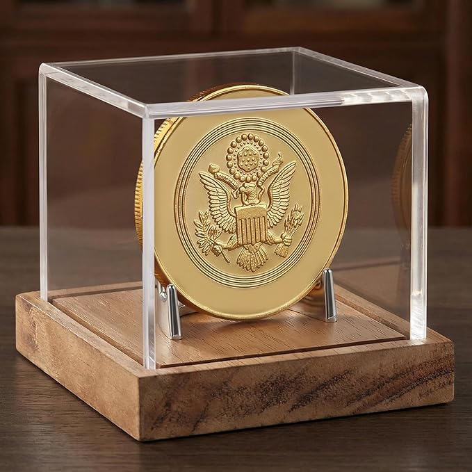 Clear Acrylic Coin Display Case with Wood Base & Alloy Holder, Memorabilia Stand Cube Holder, Dust Protection Transparent Storage Box for Single Challenge Coin Souvenir Coin Collections