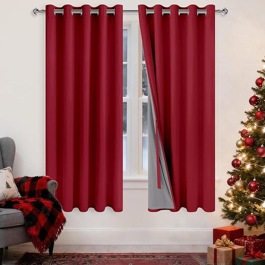 XWZO Thermal Insulated 100% Blackout Curtains with Tiebacks, Noise Reducing Drapes with Black Lining, Full Light Blocking Drapery Panels with Grommets for Bedroom, Christmas Red, W60 x L63, Set of 2