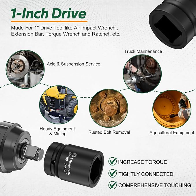 1-5/8" Impact Socket 1" Drive, 6 Point Design, CR-MO Large Impact Socket, ANSI Certified, Heavy Duty Socket 1 Inch Drive for Truck Axle Nuts, Heavy Equipment, Mining & Fleet Repair