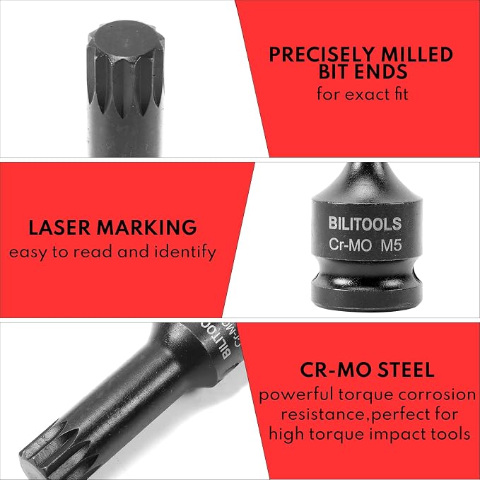 BILITOOLS 3/4 inch Drive Extension Set & 8-Piece Impact XZN Triple Square Spline Bit Socket Set 1/2 inch Drive, M5-M18, Cr-Mo Steel
