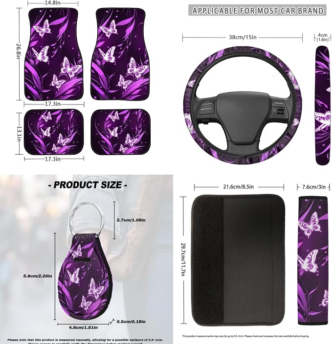 Purple Butterfly Car Seat Covers Full Set Auto Steering Wheel Cover Floor Mats Seat Belt Pads Armrest Pad Covers Roof Handle Wraps Cup Coasters Keychains Car Accessories Set of 18