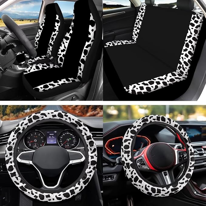 Cow Print 12 Pcs Car Seat Cover Set with Auto Steering Wheel Cover Armrest Cushion Cup Coasters Protector Seat Belt Covers,Automotive Interior Sets Universal Fit Most Cars SUV