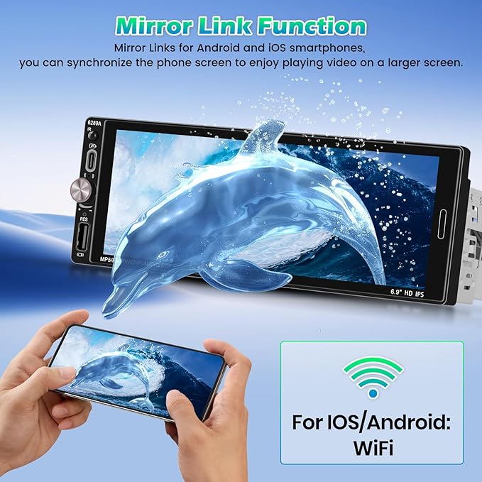[2+32G] Single Din Touchscreen Radio Wireless Apple Car Play Wireless Android Auto, 6.9 in Single Din Car Stereo with Mirror Link Bluetooth 5.0 FM RDS GPS Navigation 32EQ SWC + Backup Camera