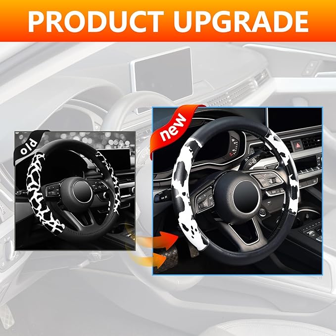 Cow Print Steering Wheel Cover, Universal 14.5-15 inch Breathable Microfiber Leather Anti-Slip Car Steering Wheel Protector for Women Men, Black&White