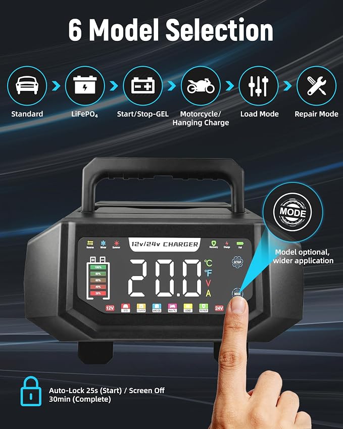 1-20A Smart Battery Charger, 12V/24V Automatic Automotive Battery Maintainer & Desulfator with Temperature Compensation, Adjustable Amp Trickle Charger for Lead-Acid, AGM, Gel, LiFePO4