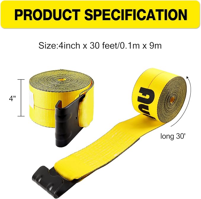 4" x30' Flat Hook Winch Straps 4 Pack and Strap Winder for Flatbed Trailer
