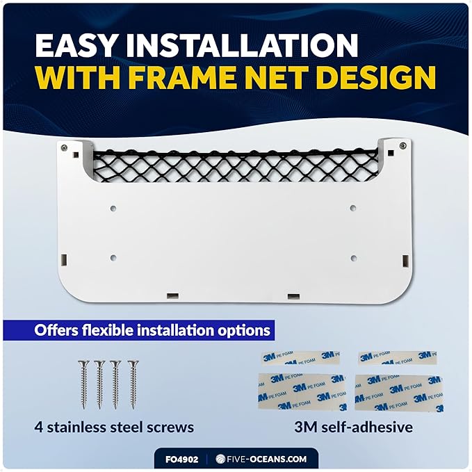 Five Oceans Boat Storage Net, White Frame, Black Elastic Netting, 9-7/8" x 4-1/2", Ideal Storage Net for Boat Organizer, Car, Rvs - FO4902