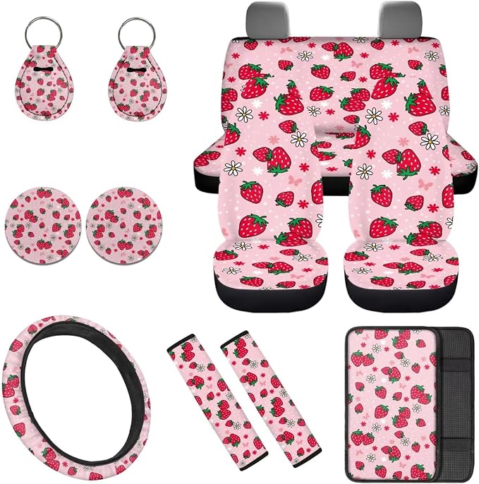 Cute Strawberry Car Seat Covers Full Set 12 Pack with Steering Wheel Cover Center Console Cover Keychain Holder and Car Seat Belt Cover Universal Fit Most Vehicles Cars SUV