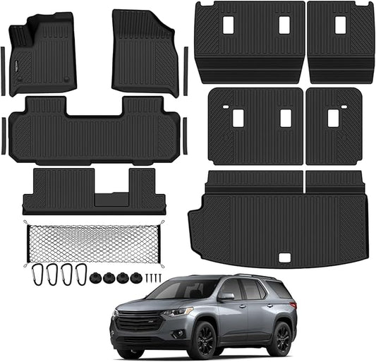 Tongama-Floor Mats for 2018-2023 Chevy Traverse 8 Seat with Bench Seats, All Weather TPE Trunk Mat & 2nd/3rd Row Backrest Mats & Cargo Net & Door Sill Guards for Traverse Floor Liner Accessories