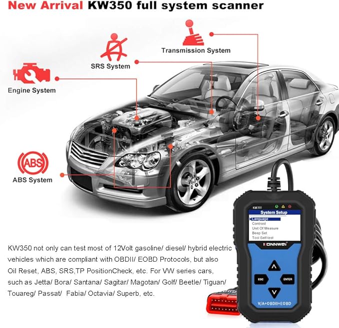 Xiangtat KW350 Full System OBD2 Diagnostic Scanner for VW Audi Skoda Seat Code Reader Automotive Check Engine Light EPB ABS SRS OBDII Scan Tool Oil Throttle Position Brake Reset Tool (KW350)