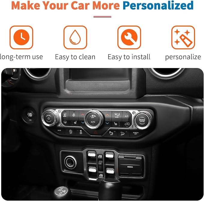 JeCar 8-Piece Aluminum Switch Button Knob Cover for 2018-2025+ Jeep Wrangler JL JLU & Gladiator JT Window Switch Button Cover, Radio, Air Conditioner, Headlight Switch Knob Cover (Silver)
