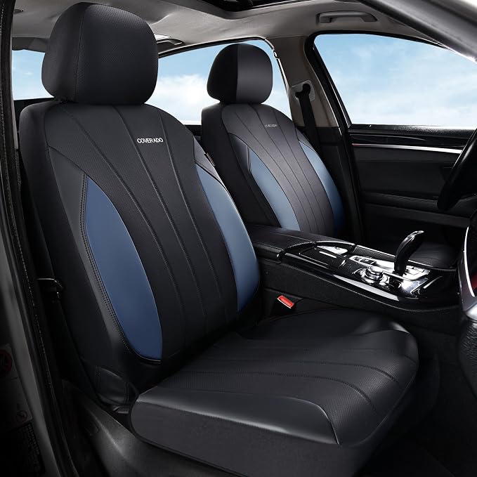 Coverado Car Seat Covers， 2 Front Seats Waterproof Nappa Leather Automotive Seat Protectors, Front Luxury Mesh Seat Covers, All-Weather Universal Fit for Most Cars SUVs, Trucks,Blue&Black