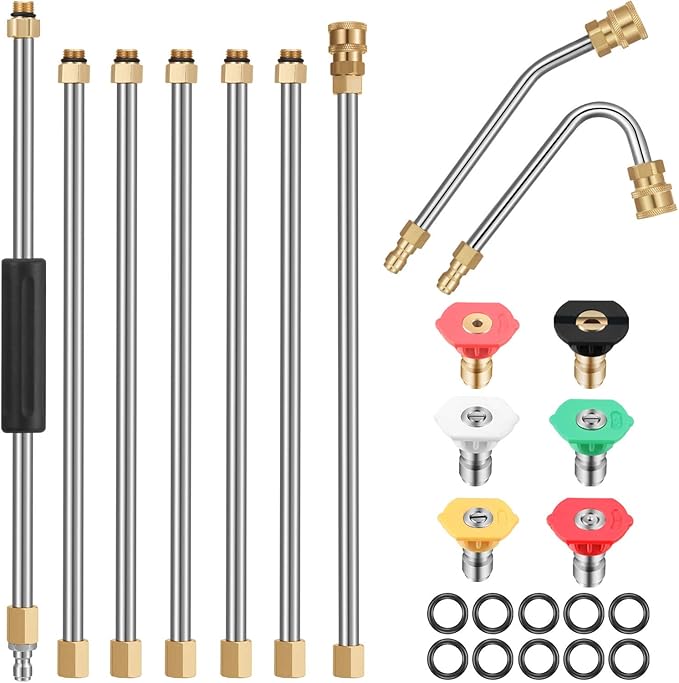 Mudder 10FT Pressure Washer Extension Wand, Pressure Washer Accessories with 7 Replacement Lance, Curved Rod (30 or 120 Degree), 6 Spray Nozzle Tips, 10 O-rings, 1/4" Quick Connector, 4000 PSI
