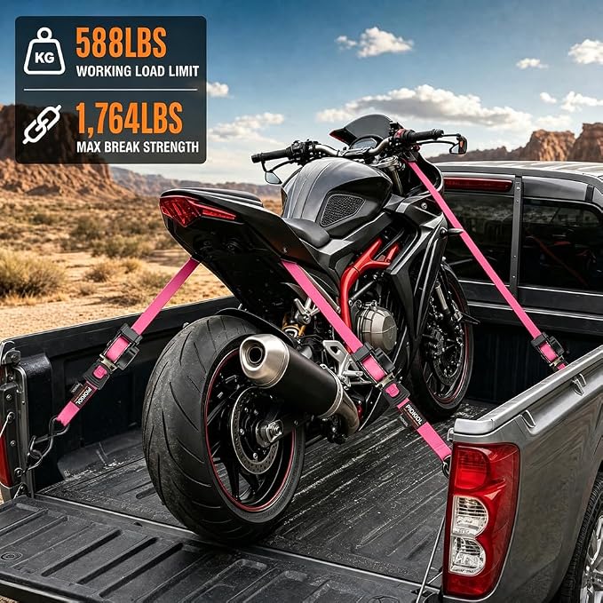 Retractable Ratchet Straps (4-Pack) - 1 Inch x 10 Feet (1,764lb Break Strength) - Heavy Duty Auto Self Retracting Tie Down Straps for Truck, Cargo Trailer, Motorcycle, ATV, UTV – Pink