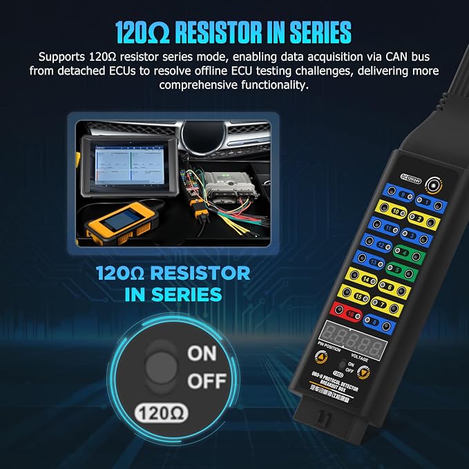 OBD2 Breakout Box, OBDII Protocol Detector with 16-Pin Full Connection,120Ω CAN Resistor, 4mm Banana Jack Multi-Function Jumper for Automotive Diagnostics, ECU Testing,Power Ground Monitoring