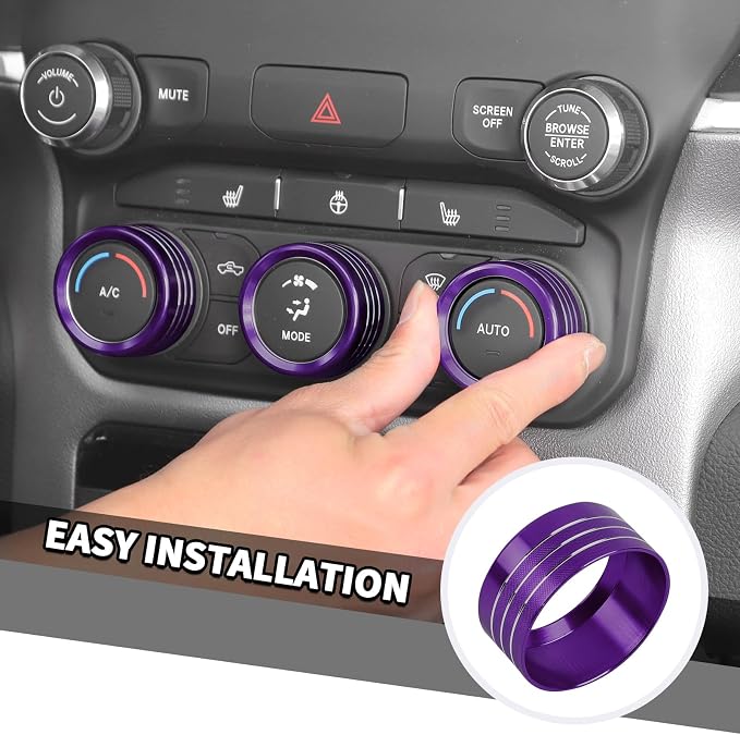 Jimen for Ram Center Console Knob Covers, 7PCS AC Air Conditioner Audio Volume Button & Headlight Switch & 4WD Shifter Knob Ring Trim Fit for Dodge Ram 2018-2025 (Purple)