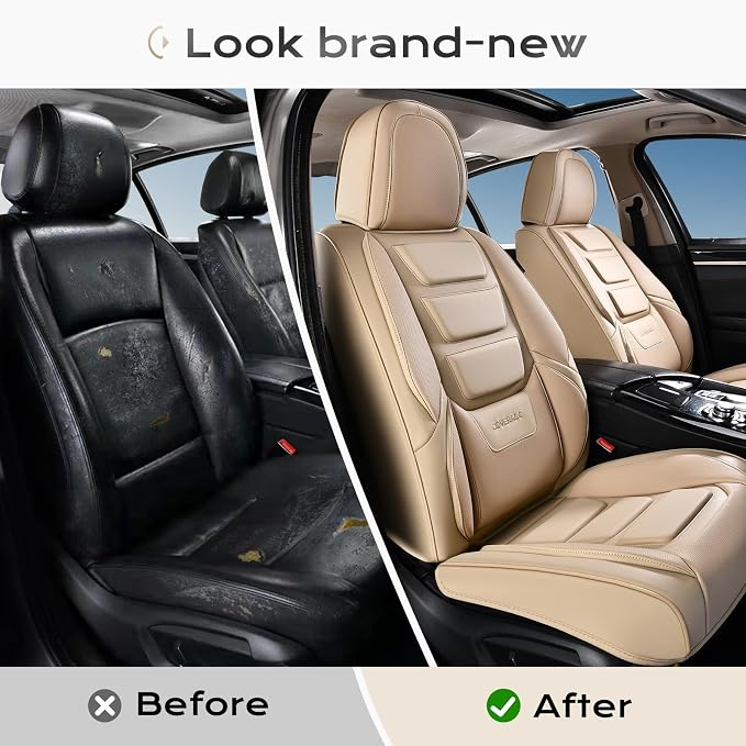 Coverado Car Seat Covers Full Set, Seat Covers for Cars, Front Seat Covers and Back Seat Cover Waterproof Leather Automotive Seat Cover, Universal Car Interior Protectors Cushion for Most Cars Beige