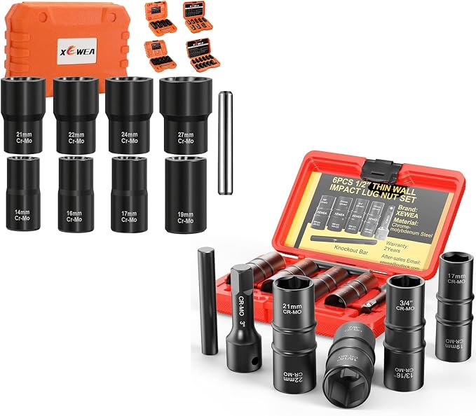 XEWEA 1/2" Drive 9PCS Lug Nut Remover and 6PCS Flip Impact Socket Set, Wheel Lock Removal Kit, Thin Wall Nut Sockets Easy Out Extractor Set for Damaged, Frozen, Rusted, Rounded-Off Bolts