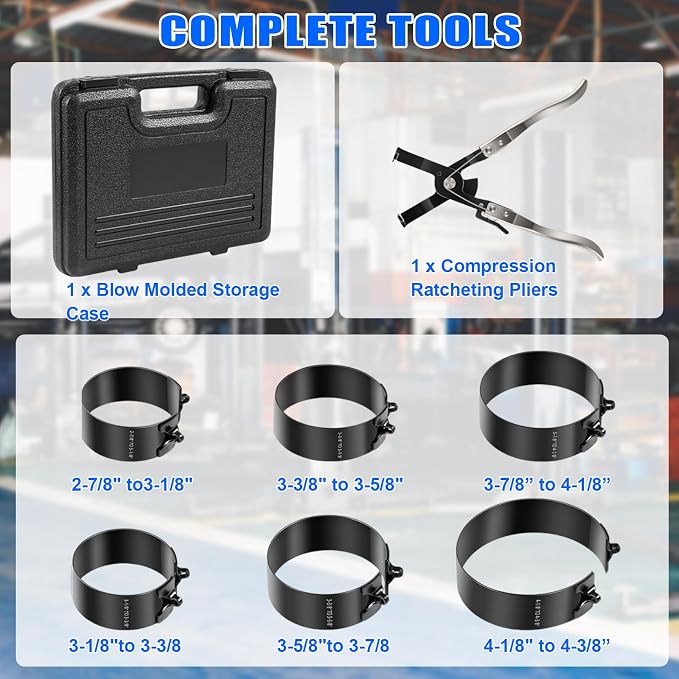 YMT Piston Ring Compressor Tool Set for Car Engine, Vehicle Maintenance Clamps, Ratchet Pliers, Storage Case