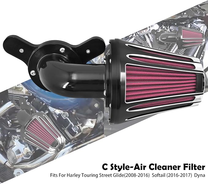 Motorcyle Air Cleaner Filter CNC 90° Forward-Facing Kit Fit for Harley Softail Touring Trike Sportster XL Dyna (Black Housing Red Element, C For Touring 08-16,Softail 16-17,Trike 08-16)